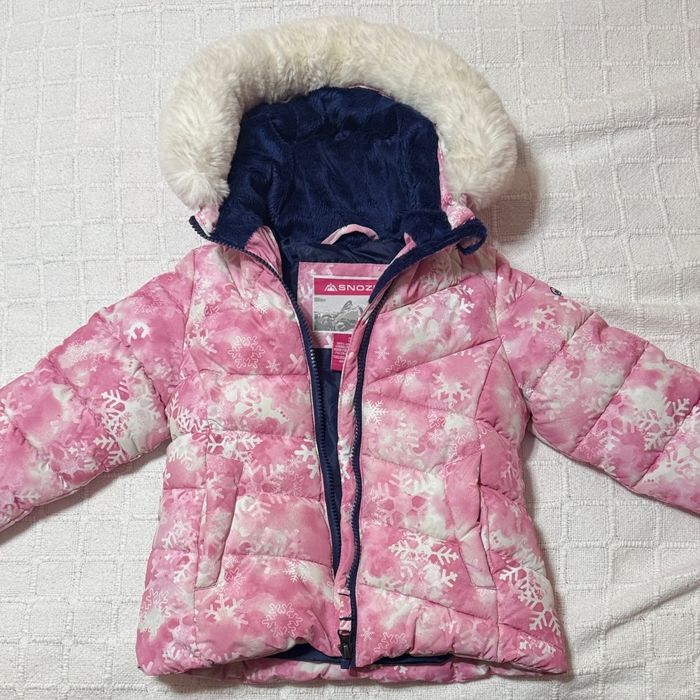 Snozu Pink Snowflake Puffer Jacket with Faux Fur Hood